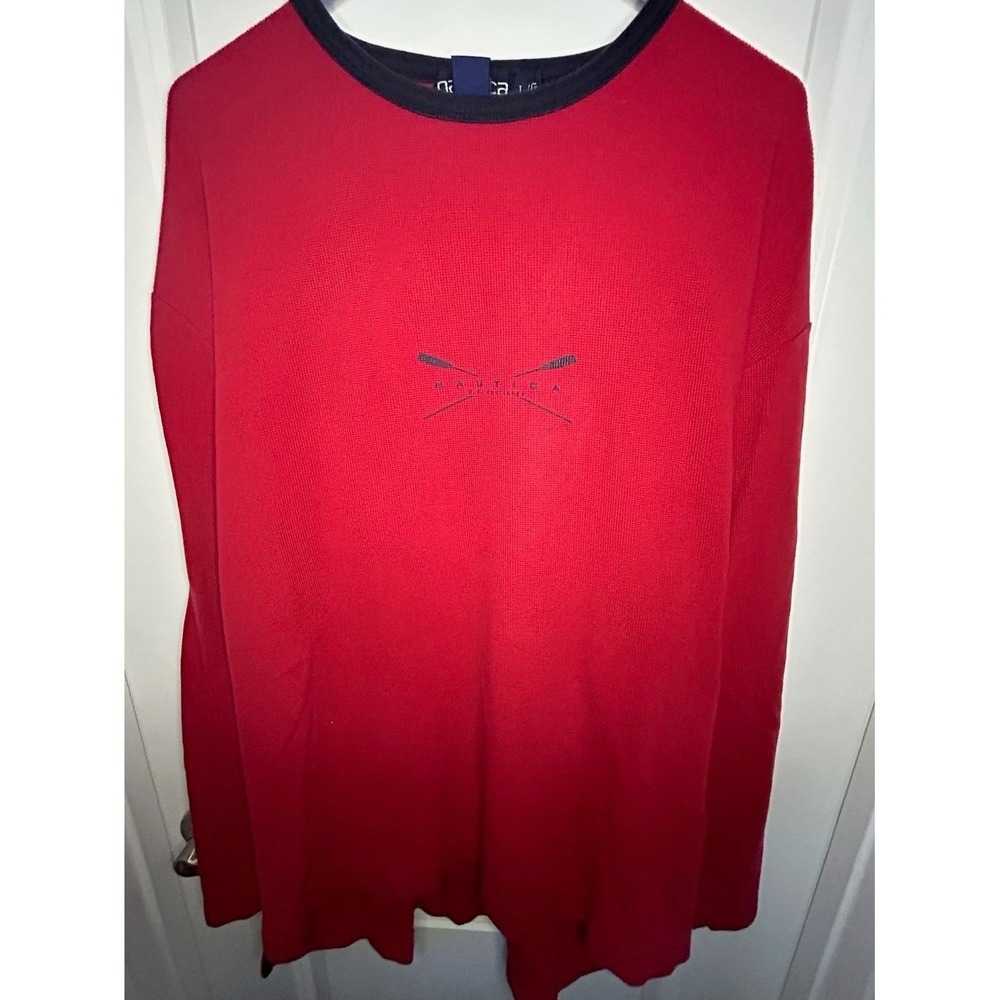 Vintage Y2K Nautica Red Blue Waffle Knit Long Sleeve Shirt Sz Mens‎ Large USA